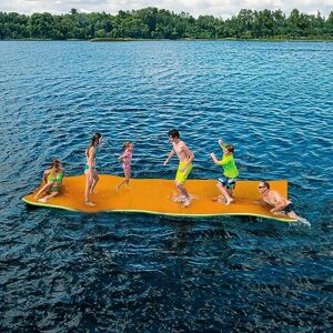 12'x6' floating water pad, 3 layers xpe foam water mat, tear-resistant lily pad lilly pad with tethering system, floating mat for lake, recreation pool, beach, ocean, orange/green