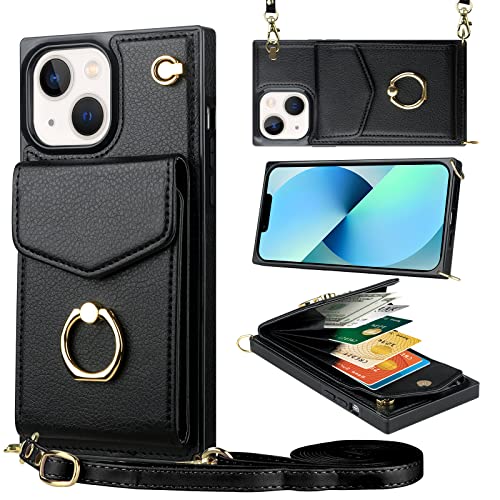 Vofolen Phone Case for iPhone 13 Wallet Cover with Credit Card Holder Lanyard Crossbody Strap Leather Magnetic Clasp 360°Swivel Ring Stand Heavy Duty Protective Square Flip Cover 6.1 inch Black