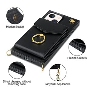 Vofolen Phone Case for iPhone 13 Wallet Cover with Credit Card Holder Lanyard Crossbody Strap Leather Magnetic Clasp 360°Swivel Ring Stand Heavy Duty Protective Square Flip Cover 6.1 inch Black