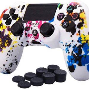 Silicone Cover Skin Case Shell for PS4 Sony Playstation 4 Slim/Pro Dualshock 4 Controller Cover with Pro Thumb Grips x 8 (Graffiti-White)