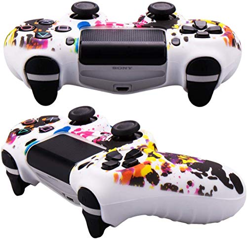 Silicone Cover Skin Case Shell for PS4 Sony Playstation 4 Slim/Pro Dualshock 4 Controller Cover with Pro Thumb Grips x 8 (Graffiti-White)