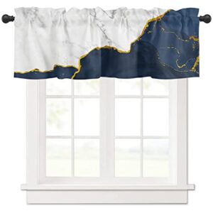 vograud valances for windows, abstract white and navy blue marble with gold line rod pocket kitchen curtains valances, short window valances for living room bathroom 42” x 18”
