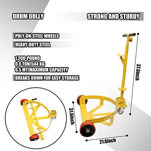 CFTEL 55 Gallon Drum Dolly Heavy Duty, Barrel Dolly for 55 Gallon Drum, Large 55 Gal Drum Dolly Hand Truck with Adjustable Tow Bar, 1200LB Low Profile Steel Round Dolly Cart