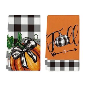 artoid mode buffalo plaid pumpkin fall kitchen towels dish towels, 18x26 inch seasonal decoration hand towels set of 2