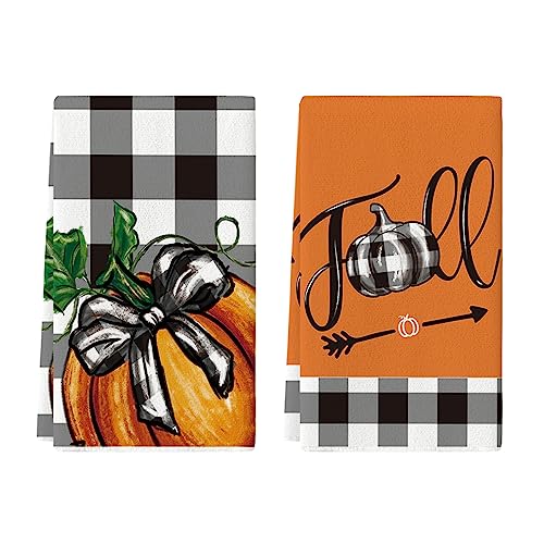 Artoid Mode Buffalo Plaid Pumpkin Fall Kitchen Towels Dish Towels, 18x26 Inch Seasonal Decoration Hand Towels Set of 2