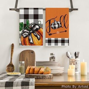 Artoid Mode Buffalo Plaid Pumpkin Fall Kitchen Towels Dish Towels, 18x26 Inch Seasonal Decoration Hand Towels Set of 2