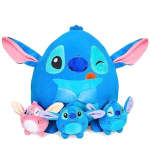 Tigiemap 13.8 Inch Stitch Plush, Stitch Mommy with 3 Baby Monsters Stuffed Plush Throw Pillow for Kids Boys Girls for Room Sofa Cushion Decoration