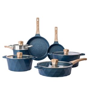 country kitchen nonstick induction cookware sets - 11 piece nonstick cast aluminum pots and pans with bakelite handles - induction pots and pans with glass lids (navy)