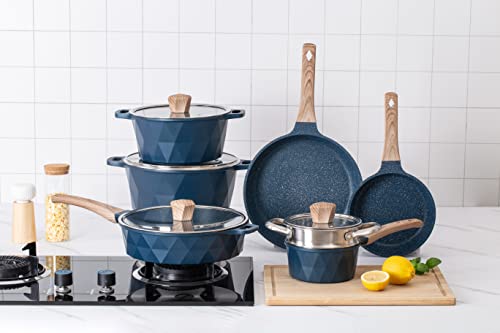 Country Kitchen Nonstick Induction Cookware Sets - 11 Piece Nonstick Cast Aluminum Pots and Pans with BAKELITE Handles - Induction Pots and Pans with Glass Lids (Navy)