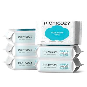 baby wipes, momcozy saline nose and face baby wipes, made only with natural saline, mild and non-irritating, 100% biodegradable, unscented & hypoallergenic for sensitive skin, portable, 180 count (packs of 6)
