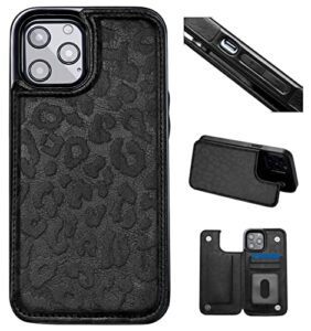 flip leather wallet case for iphone 13 - card holder kickstand 6.1 phone case for women, personalized picture text double magnetic buttons shockproof case (black leopard - all black)