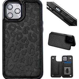 Flip Leather Wallet Case for iPhone 13 - Card Holder Kickstand 6.1 Phone Case for Women, Personalized Picture Text Double Magnetic Buttons Shockproof Case (Black Leopard - All Black)