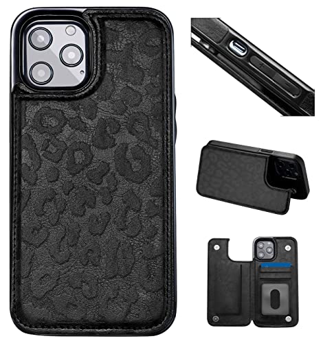 Flip Leather Wallet Case for iPhone 13 - Card Holder Kickstand 6.1 Phone Case for Women, Personalized Picture Text Double Magnetic Buttons Shockproof Case (Black Leopard - All Black)