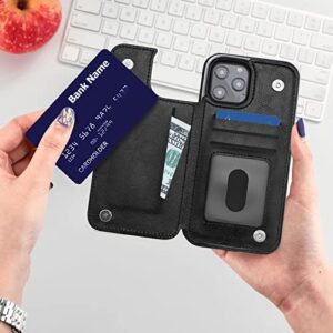 Flip Leather Wallet Case for iPhone 13 - Card Holder Kickstand 6.1 Phone Case for Women, Personalized Picture Text Double Magnetic Buttons Shockproof Case (Black Leopard - All Black)