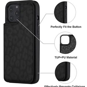 Flip Leather Wallet Case for iPhone 13 - Card Holder Kickstand 6.1 Phone Case for Women, Personalized Picture Text Double Magnetic Buttons Shockproof Case (Black Leopard - All Black)