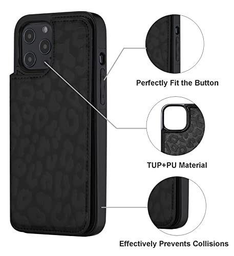 Flip Leather Wallet Case for iPhone 13 - Card Holder Kickstand 6.1 Phone Case for Women, Personalized Picture Text Double Magnetic Buttons Shockproof Case (Black Leopard - All Black)