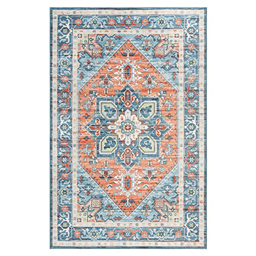 JOLENE.K Area Rug 8x10 Vintage Persian Area Rug Indoor Floor Cover Vintage Distressed Low-Pile Non-Shedding Area Rug Non-Slip Backing Rug for Bedroom Laundry Room, Blue/Orange, 8'x10'