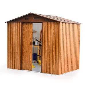 happatio storage shed 8x6', outdoor shed woodgrain-look galvanized metal shed, outside sheds with double sliding doors, foundation, outdoor storage shed waterproof for backyard, garbage, patio, bikes