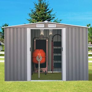 8 x 6 FT Outside Storage Shed, Metal Outdoor Storage Sheds with Sliding Doors, Large Garden Shed Outdoor Utility Tool Shed with Pent Roof for Backyard Patio Lawn, Gray