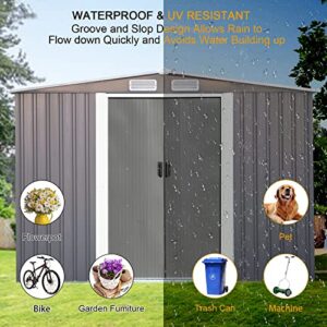 8 x 6 FT Outside Storage Shed, Metal Outdoor Storage Sheds with Sliding Doors, Large Garden Shed Outdoor Utility Tool Shed with Pent Roof for Backyard Patio Lawn, Gray