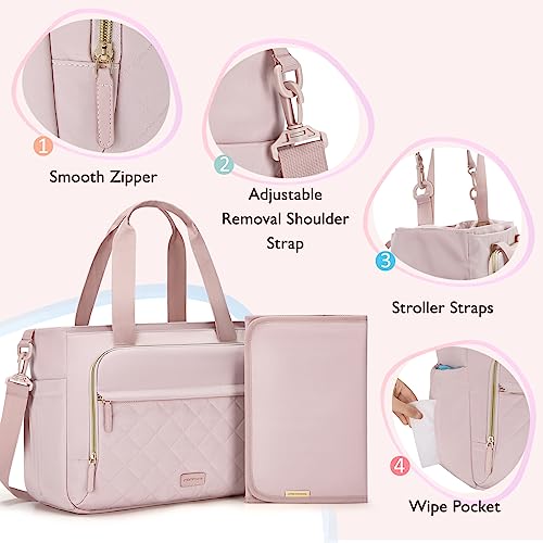 mommore Diaper Bag Tote with Changing Pad, Dry And Wet Compartment Large Capacity Baby Bag Crossbody Travel Maternity Bag, Pink