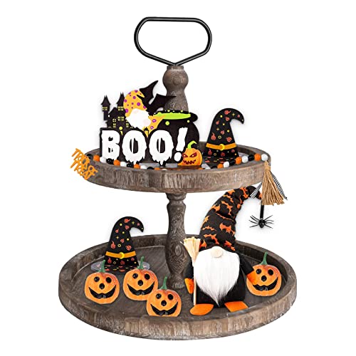 Happy Halloween Tiered Tray Decoration Set, Cute Trick-or-Treat Ghosts Wooden Signs Decor, for Kitchen Home Table Mini Decor Holiday Party Supplies Rustic Farmhouse Tray Sets (E)