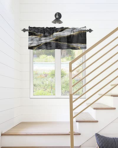 Window Curtain Valances for Kitchen Windows,Black White Marble with Gold Stripe Rod Pocket Short Window Valance Abstract Stone Agate Texture Cafe Treatment Valance for Living Room/Bedroom,42x12in