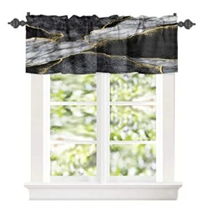 Window Curtain Valances for Kitchen Windows,Black White Marble with Gold Stripe Rod Pocket Short Window Valance Abstract Stone Agate Texture Cafe Treatment Valance for Living Room/Bedroom,42x12in