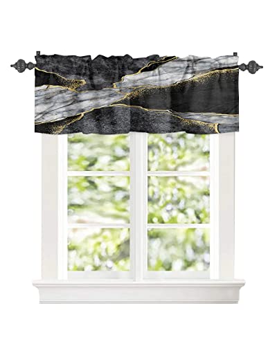 Window Curtain Valances for Kitchen Windows,Black White Marble with Gold Stripe Rod Pocket Short Window Valance Abstract Stone Agate Texture Cafe Treatment Valance for Living Room/Bedroom,42x12in