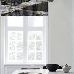 Window Curtain Valances for Kitchen Windows,Black White Marble with Gold Stripe Rod Pocket Short Window Valance Abstract Stone Agate Texture Cafe Treatment Valance for Living Room/Bedroom,42x12in