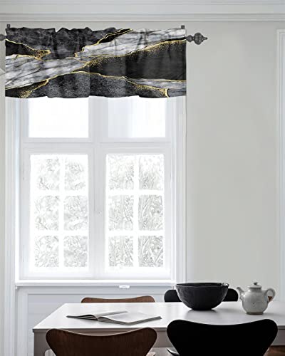 Window Curtain Valances for Kitchen Windows,Black White Marble with Gold Stripe Rod Pocket Short Window Valance Abstract Stone Agate Texture Cafe Treatment Valance for Living Room/Bedroom,42x12in