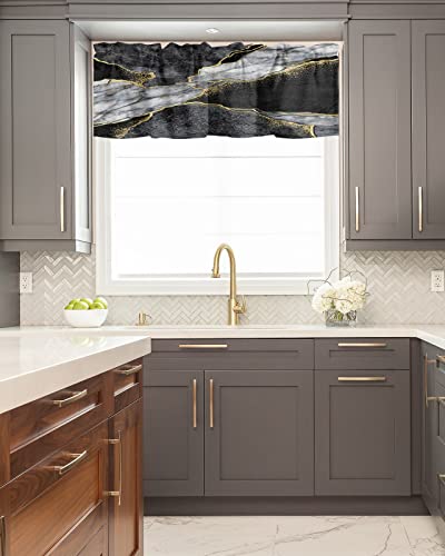 Window Curtain Valances for Kitchen Windows,Black White Marble with Gold Stripe Rod Pocket Short Window Valance Abstract Stone Agate Texture Cafe Treatment Valance for Living Room/Bedroom,42x12in