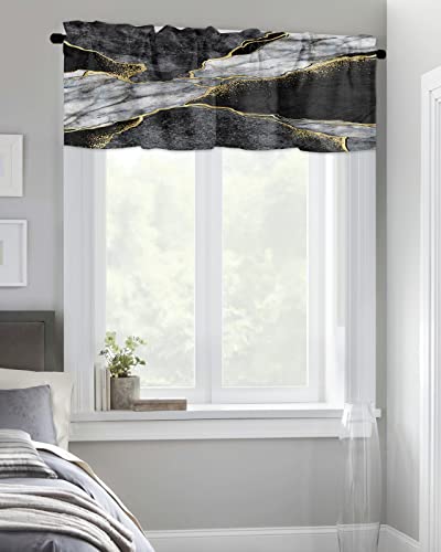 Window Curtain Valances for Kitchen Windows,Black White Marble with Gold Stripe Rod Pocket Short Window Valance Abstract Stone Agate Texture Cafe Treatment Valance for Living Room/Bedroom,42x12in