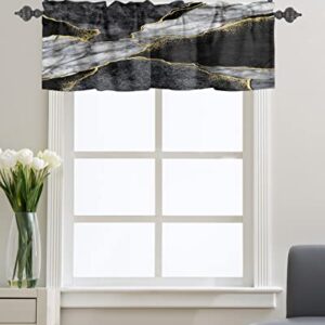 Window Curtain Valances for Kitchen Windows,Black White Marble with Gold Stripe Rod Pocket Short Window Valance Abstract Stone Agate Texture Cafe Treatment Valance for Living Room/Bedroom,42x12in