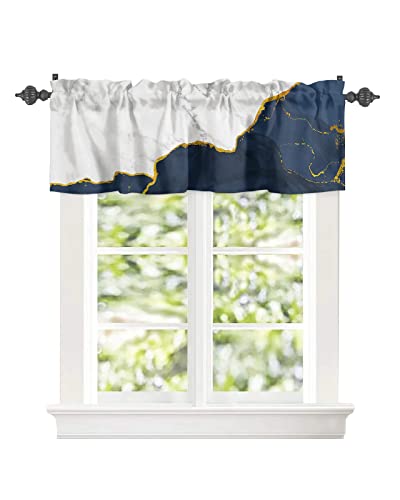 Window Curtain Valances for Kitchen Windows,Natural Marble Abstract Texture Rod Pocket Short Window Valance White Navy Blue Stone with Gold Line Cafe Treatment Valance for Living Room/Bedroom,54x18in