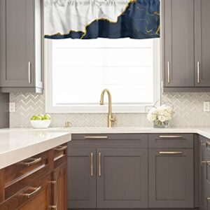 Window Curtain Valances for Kitchen Windows,Natural Marble Abstract Texture Rod Pocket Short Window Valance White Navy Blue Stone with Gold Line Cafe Treatment Valance for Living Room/Bedroom,54x18in