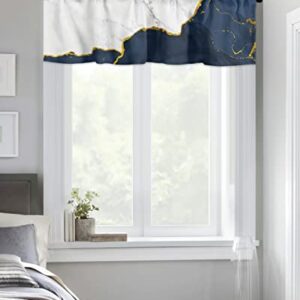 Window Curtain Valances for Kitchen Windows,Natural Marble Abstract Texture Rod Pocket Short Window Valance White Navy Blue Stone with Gold Line Cafe Treatment Valance for Living Room/Bedroom,54x18in