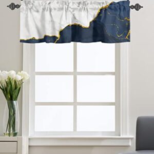 Window Curtain Valances for Kitchen Windows,Natural Marble Abstract Texture Rod Pocket Short Window Valance White Navy Blue Stone with Gold Line Cafe Treatment Valance for Living Room/Bedroom,54x18in