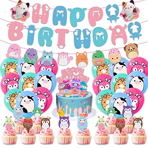 𝓢𝓺𝓾𝓲𝓼𝓱𝓶𝓪𝓵𝓵𝓸𝔀𝓼 𝓟𝓪𝓻𝓽𝔂 Squad Themed Birhthday Party Supplies for Girls Party Decorations Set for Kids and Boys Party Favors Included Banner Balloons Cake Cupcake Toppers