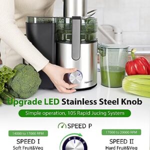 Healnitor 1000W 3-Speed LED Centrifugal Juicer Machines Vegetable and Fruit, Stainless Steel 3.5" Big Mouth, Easy Clean, High Juice Yield, BPA Free, Stainless Steel