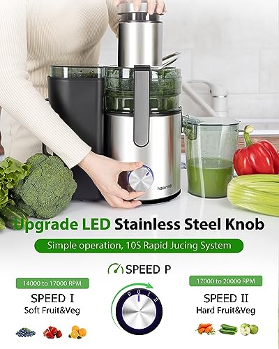 Healnitor 1000W 3-Speed LED Centrifugal Juicer Machines Vegetable and Fruit, Stainless Steel 3.5" Big Mouth, Easy Clean, High Juice Yield, BPA Free, Stainless Steel