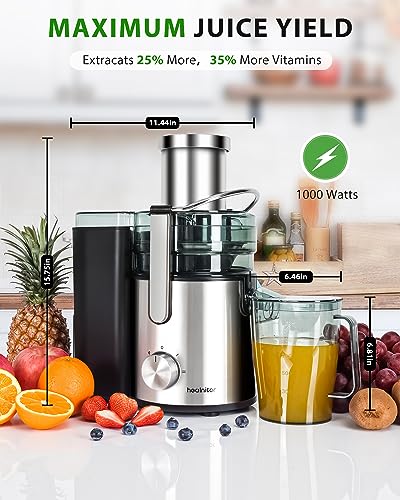 Healnitor 1000W 3-Speed LED Centrifugal Juicer Machines Vegetable and Fruit, Stainless Steel 3.5" Big Mouth, Easy Clean, High Juice Yield, BPA Free, Stainless Steel