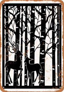 10 x 14 metal sign - birch tree deer (black background) - vintage rusty look