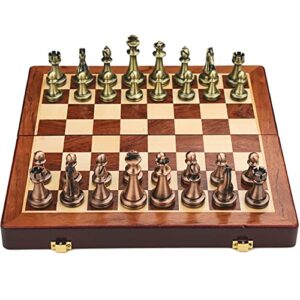chess set for adult and kid, 13.5" folding wooden chess board with zinc alloy metal chess pieces, portable travel chess board game