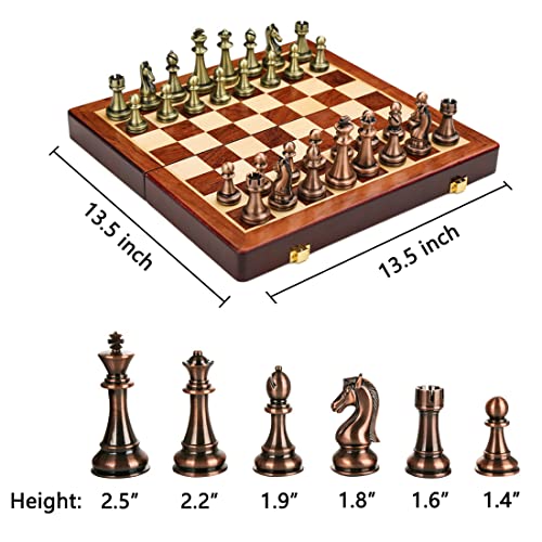 Chess Set for Adult and Kid, 13.5" Folding Wooden Chess Board with Zinc Alloy Metal Chess Pieces, Portable Travel Chess Board Game