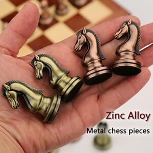 Chess Set for Adult and Kid, 13.5" Folding Wooden Chess Board with Zinc Alloy Metal Chess Pieces, Portable Travel Chess Board Game