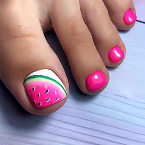 artquee 28pcs hot pink press on toenails short with watermelon design fake toes nails square glossy full cover false toe nails kit for women in 14 sizes