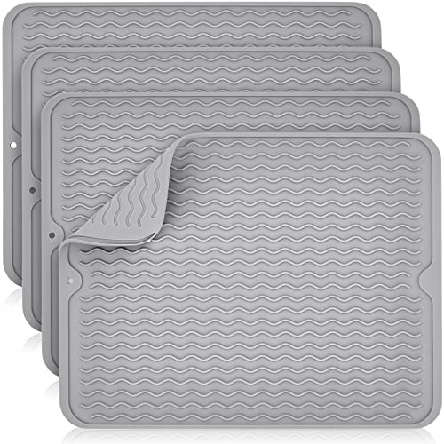 Tanlade 4 Pack Silicone Dish Drying Mat for Kitchen Counter Waterproof Heat Resistant Silicone Mat for Sink, Refrigerator Drawer Liner Dishwashing Multiple Usage, 16 x 12 Inches, Gray