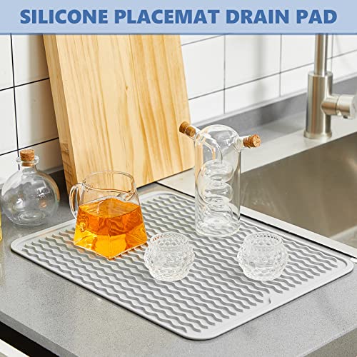 Tanlade 4 Pack Silicone Dish Drying Mat for Kitchen Counter Waterproof Heat Resistant Silicone Mat for Sink, Refrigerator Drawer Liner Dishwashing Multiple Usage, 16 x 12 Inches, Gray