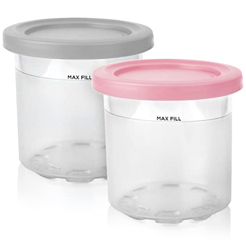 2 Pack Replacement Containers for Ninja Creami Pints and Lids, Reusable Ice Cream Containers with Lids Creami Containers Compatible with NC301 NC300 NC299AMZ Series Ice Cream Maker (Pink, Gray)